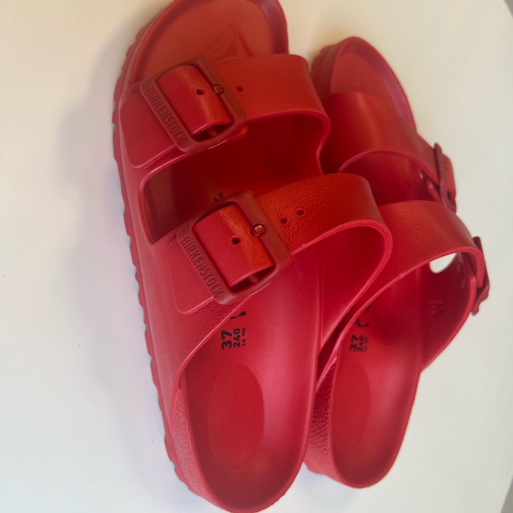 Birkenstock Red Sandals with Adjustable Straps and Molded Footbed